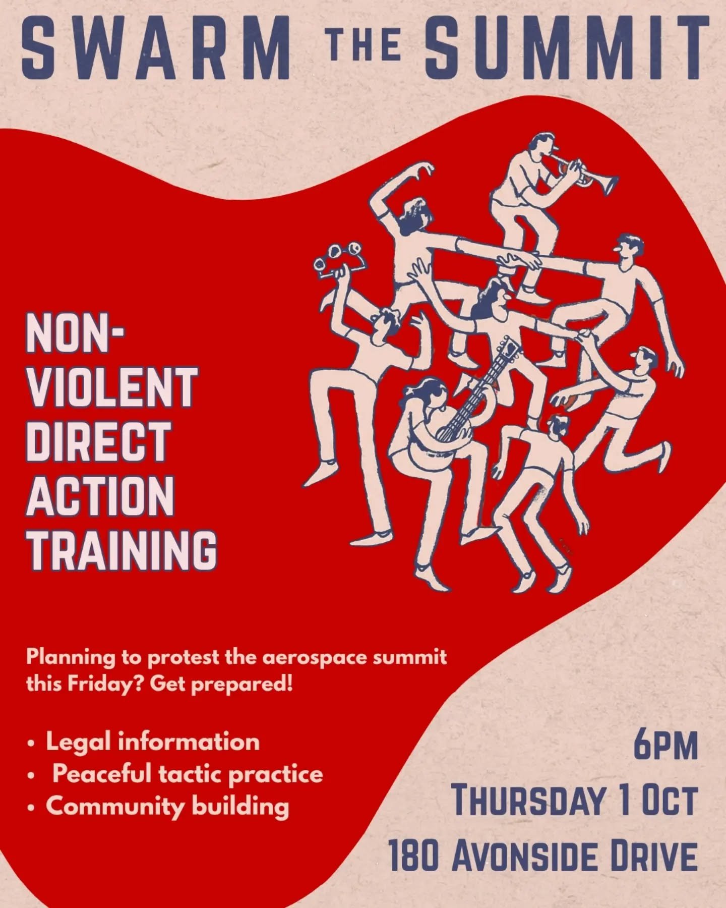 Swarm the Summit non-violent direct action training flyer, Thursday 1 October, 6pm, 180 Avonside Drive
